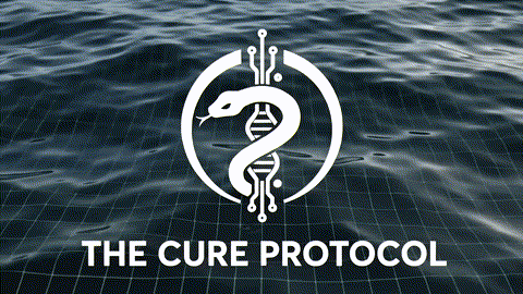 The Cure Protocol — emblem of a serpent entwined with a DNA helix over a shifting sea